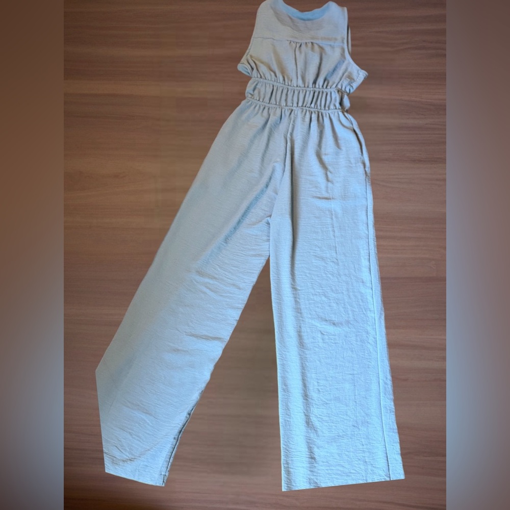 Monteau Los Angeles Beige Tie Front Wide Leg Jumpsuit Size Small Boho Minimalist - Picture 3 of 6